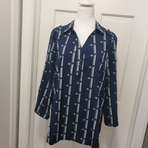 Adrienne Vittadini Navy & White Geoprint Blouse Size XL, Business Casual
